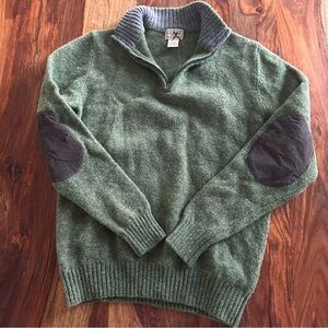 LL Bean 100% Shetland Wool Sweater Mens 1/4 Zip Pullover Elbow Patch Small Green
